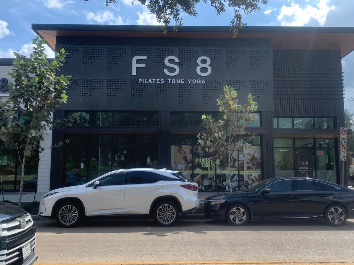 FS8 Pilates Tone Yoga storefront with dimensional letter sign, Greater Houston area