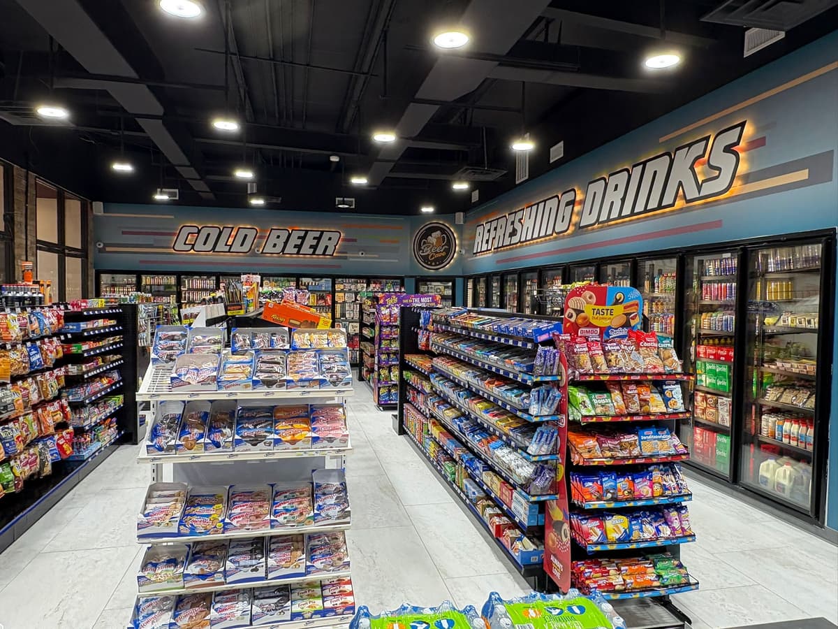 Interior wall graphics for a convenience store, cold beer and refreshing drinks signage
